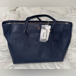 Tory Burch Royal Navy Leather Tote with Gold Hardware